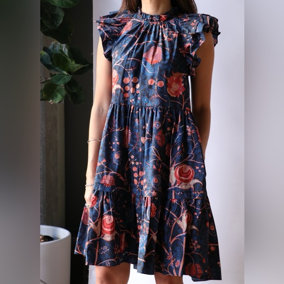 Ulla Johnson Midnight and Coral Floral Midi Dress - Picture 1 of 9